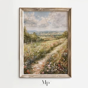 Wildflowers Landscape Oil Painting, Meadow Print, Spring Landscape Wall Art, Countryside Floral Landscape Poster, Summer Field Digital Print
