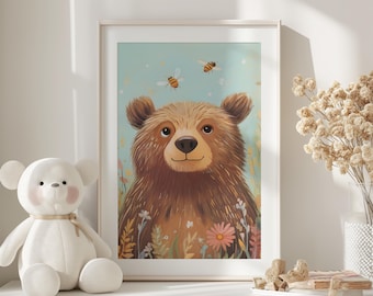 Stampa per cameretta con orsetto carino, illustrazione di animali del bosco (download digitale)