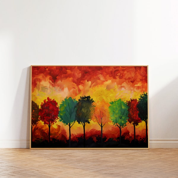 Colorful Abstract Trees Wall Art, Maximalist Landscape Art, Vibrant Modern Print, Trendy Sunset Poster, Bright Printable Eclectic Decor