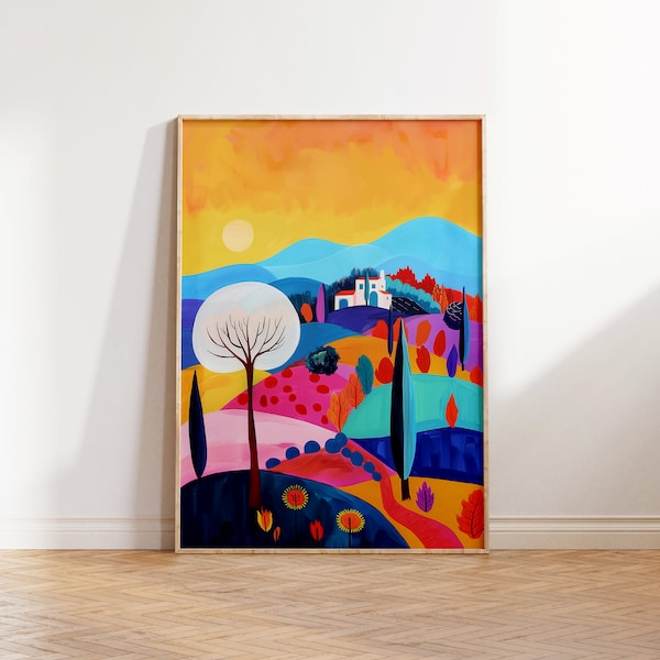 Vibrant Abstract Hills Wall Art, Maximalist Sunshine Landscape Wall Art, Colorful Tuscany Print, Bright Trees Printable Eclectic Decor