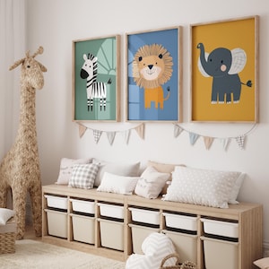 Set di 3 stampe da parete per la cameretta dei bambini con tema safari, stampe boho per la cameretta dei bambini, stampe colorate per la cameretta dei bambini con animali della giungla, decorazioni per la sala giochi con zebre, leoni e elefanti