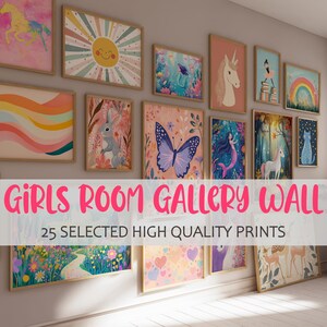 Girls Room Gallery Wall Bundle, 25 Printable Nursery Art, Girls Room Decor, Colorful Playroom Gallery Prints, Fairy Unicorn Rainbow Decor