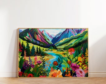 Colorful Floral Mountain Landscape Art Print (Digital Download)