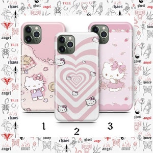 May include: Three pink and white iPhone cases with different designs. The first case features a pink and white cartoon character with a pink bow. The second case has a pink and white swirl pattern with a heart shape. The third case has a pink and white swirl pattern with a heart shape and a pink and white cartoon character with a pink bow.