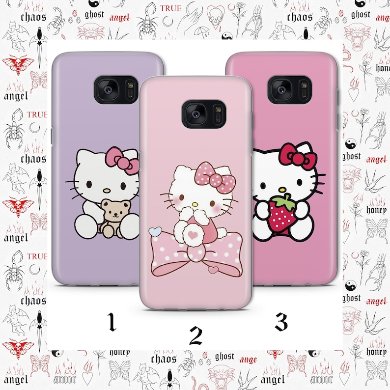 May include: Three pink and purple phone cases featuring Hello Kitty designs. The first case shows Hello Kitty holding a teddy bear, the second case shows Hello Kitty with a pink bow, and the third case shows Hello Kitty holding a strawberry.