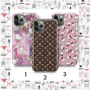 May include: Three different iPhone cases. The first case is pink with a Hello Kitty collage design. The second case is brown with a repeated pattern of the Louis Vuitton logo. The third case is pink with a repeated pattern of Hello Kitty.