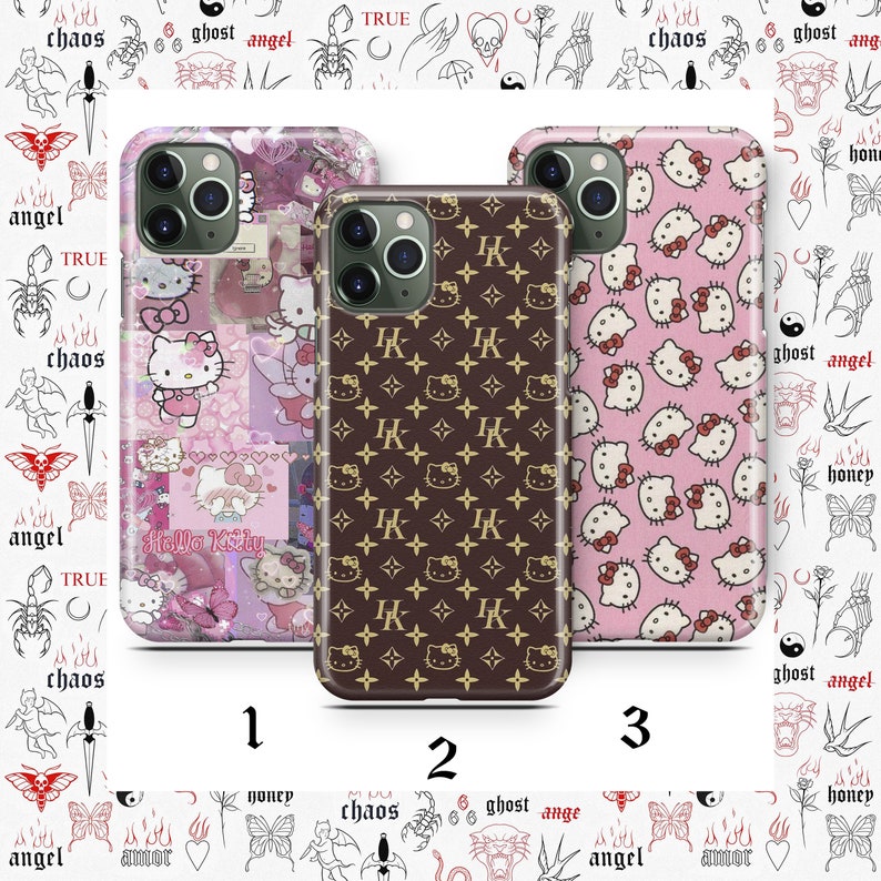 May include: Three different iPhone cases. The first case is pink with a Hello Kitty collage design. The second case is brown with a repeated pattern of the Louis Vuitton logo. The third case is pink with a repeated pattern of Hello Kitty.