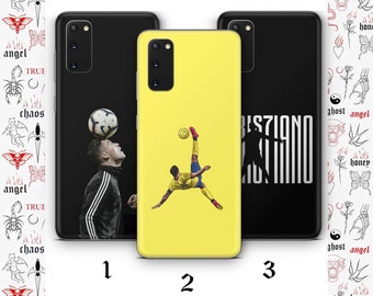 May include: Three different phone case designs. The first case features a black and white photo of a football player. The second case is yellow with a graphic of a football player kicking a ball. The third case is black with the word "CRISTIANO" in white letters.