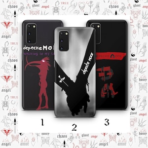 May include: Three phone cases with different designs featuring the band Depeche Mode. The first case has a red and black illustration of a creature with a long beak. The second case has a black and white illustration of two hands holding each other. The third case has a black and red design with the band's name and logo.