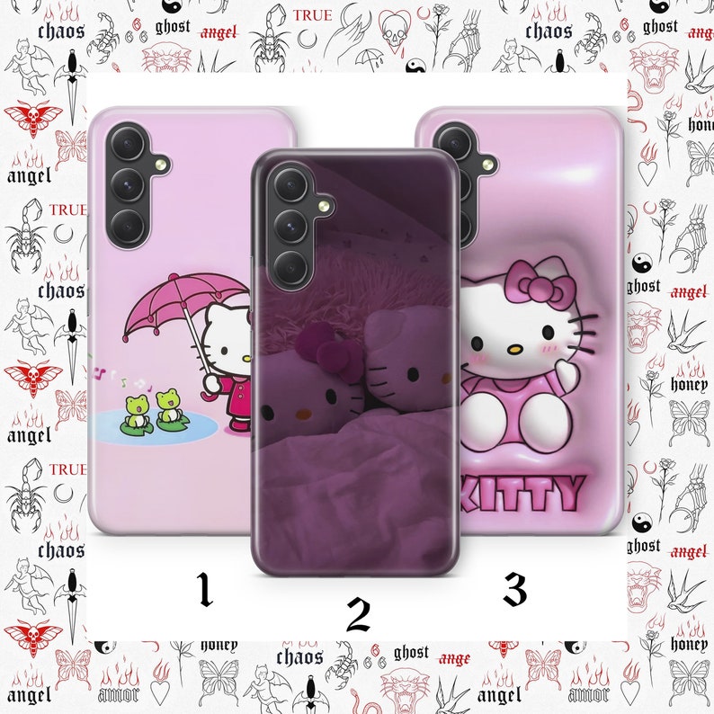 Puede incluir: Tres fundas de tel&eacute;fono diferentes con un dise&ntilde;o de Hello Kitty rosa. La primera funda tiene un fondo rosa con Hello Kitty sosteniendo un paraguas. La segunda funda tiene un fondo morado con almohadas de Hello Kitty. La tercera funda tiene un fondo rosa con Hello Kitty sentada en una almohada rosa.