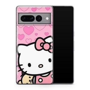 Puede incluir: Una funda de tel&eacute;fono rosa con un dise&ntilde;o de Hello Kitty. La funda tiene un fondo rosa con corazones blancos y un Hello Kitty blanco con un lazo rosa. La funda de tel&eacute;fono es compatible con un tel&eacute;fono inteligente con una pantalla rectangular.