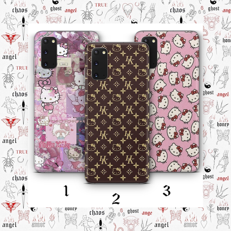 May include: Three rectangular smartphone cases featuring Hello Kitty designs. The first case displays a pink collage of Hello Kitty images. The second case is brown with a repeating gold HK logo and Hello Kitty pattern. The third case is pink with a repeating Hello Kitty face pattern.