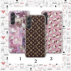 Op de afbeelding: Drie verschillende telefoonhoesjes. De eerste hoes is roze met een Hello Kitty-ontwerp. De tweede hoes is bruin met een Louis Vuitton-patroon. De derde hoes is roze met een Hello Kitty-patroon.