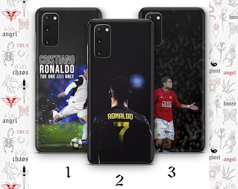 May include: Three phone cases featuring Cristiano Ronaldo. The first case has a photo of Ronaldo in a football kit with the text "Cristiano Ronaldo The One And Only". The second case has a photo of Ronaldo from behind with the text "Ronaldo 7". The third case has a photo of Ronaldo in a red football kit with the text "AIG".