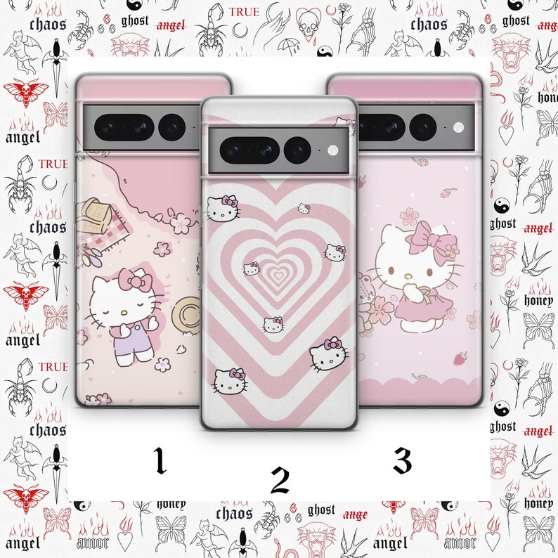 May include: Three pink and white phone cases with different Hello Kitty designs. The first case features Hello Kitty sitting on a picnic blanket with a basket and flowers. The second case has a pink and white heart design with Hello Kitty faces. The third case has Hello Kitty wearing a pink dress and a bow.