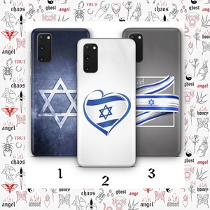 May include: Three phone cases with different designs featuring the Star of David and the Israeli flag. The first case has a blue background with a white Star of David. The second case has a white background with a blue heart-shaped Israeli flag. The third case has a gray background with a white Israeli flag.