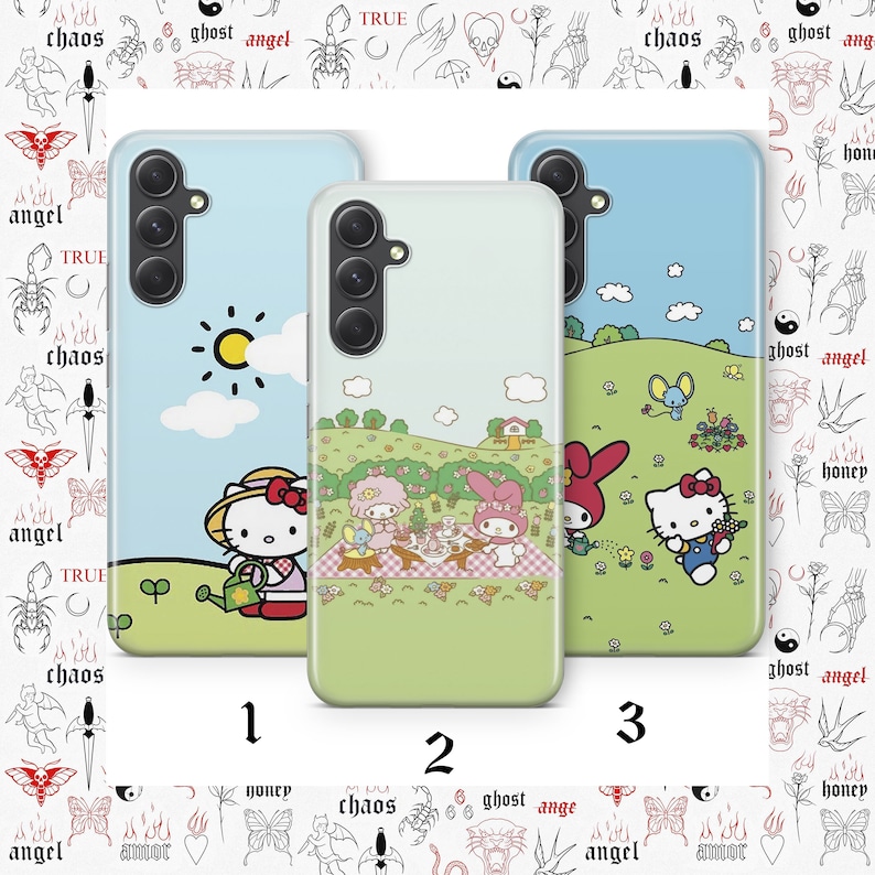 May include: Three phone cases with different designs featuring Hello Kitty and My Melody characters. The first case has a blue background with a sun and clouds. The second case has a green background with Hello Kitty and My Melody having a picnic. The third case has a blue background with Hello Kitty and My Melody in a field of flowers.