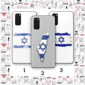 May include: Three white phone cases with different designs. The first case features the Israeli flag with a distressed look. The second case features a blue and white outline of Israel with a Star of David. The third case features a blue and white Israeli flag with a distressed look.
