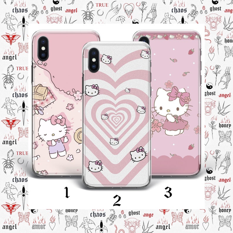 K&ouml;nnte beinhalten: Drei verschiedene Handyh&uuml;llen mit einem rosa und wei&szlig;en Design mit einer Comicfigur. Die erste H&uuml;lle hat einen rosa Hintergrund mit einer Comicfigur, die auf einer Picknickdecke liegt. Die zweite H&uuml;lle hat ein rosa und wei&szlig;es Wirbeldesign mit einer Comicfigur in der Mitte. Die dritte H&uuml;lle hat einen rosa Hintergrund mit einer Comicfigur, die in der Mitte steht.
