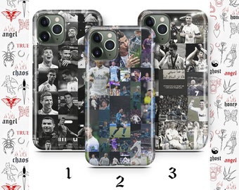 May include: Three different phone cases featuring a collage of images of a soccer player. The cases are clear and show the images through the case. The cases are numbered 1, 2, and 3.