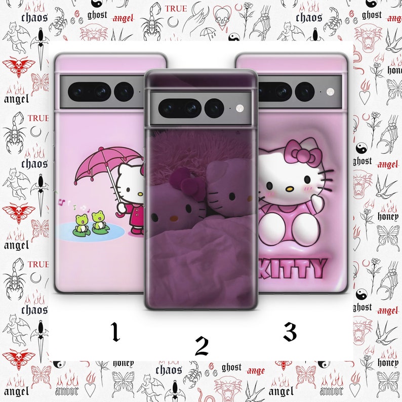 May include: Three pink phone cases with Hello Kitty designs. One shows Hello Kitty with an umbrella, another features Hello Kitty plushies, and the third displays Hello Kitty with the word "KITTY". The background has tattoo-style illustrations.