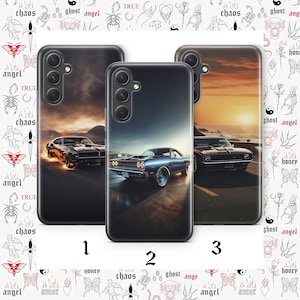 May include: Three phone cases with different images of classic muscle cars. The first case features a black car with red accents, the second case features a blue car, and the third case features a black car with a sunset in the background.