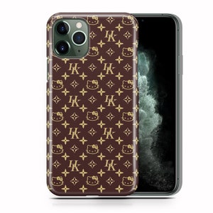 May include: A brown phone case with a gold pattern of interlocking 'HK' letters and Hello Kitty faces.