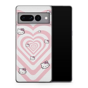 May include: A pink and white phone case with a swirling heart pattern and Hello Kitty characters. The case is designed for a smartphone with a camera bump.