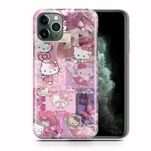May include: A pink Hello Kitty phone case featuring a collage of Hello Kitty images, hearts, and butterflies. The case is designed for an iPhone.
