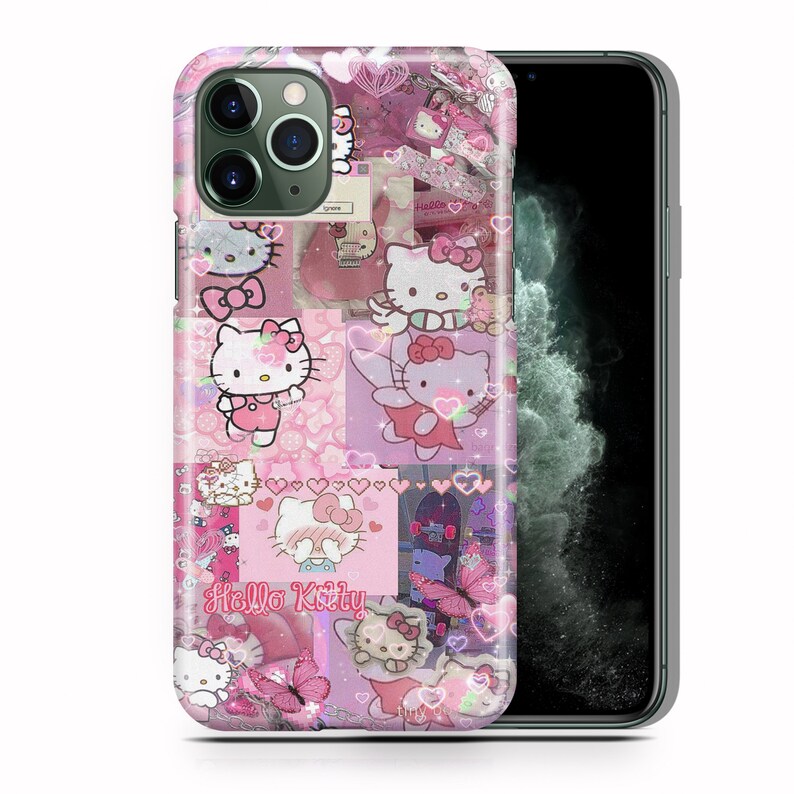 May include: A pink Hello Kitty phone case featuring a collage of Hello Kitty images, hearts, and butterflies. The case is designed for an iPhone.