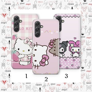 May include: Three pink Hello Kitty phone cases with different designs. The first case features Hello Kitty holding a strawberry. The second case features Hello Kitty and a brown cat. The third case features Hello Kitty and My Melody.