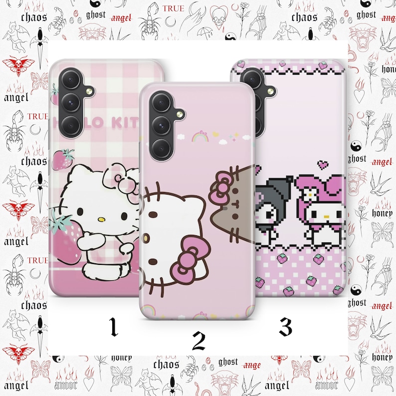 May include: Three pink Hello Kitty phone cases with different designs. The first case features Hello Kitty holding a strawberry. The second case features Hello Kitty and a brown cat. The third case features Hello Kitty and My Melody.