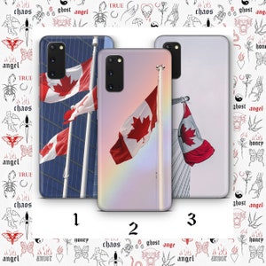 May include: Three phone cases with different designs featuring the Canadian flag. The first case has a photo of the flag waving in the wind against a city backdrop. The second case has a photo of the flag waving in the wind against a rainbow background. The third case has a photo of the flag waving in the wind against a white background.