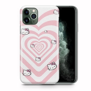 May include: A pink and white phone case with a repeating pattern of white hearts and pink stripes. The case features a cartoon image of Hello Kitty with a pink bow.