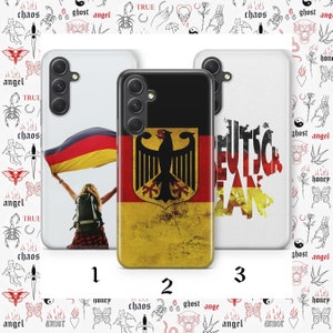 May include: Three phone case designs featuring the German flag. The first case shows a person holding a German flag. The second case shows the German coat of arms. The third case shows the word "Deutschland" in a stylized font.