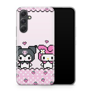 May include: A pink and white phone case with a pixelated design of Hello Kitty and My Melody. The case has a checkered pattern with strawberries.