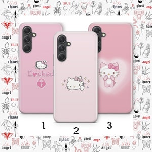 May include: Three pink phone cases with different Hello Kitty designs. The first case has a Hello Kitty with a lock and the text "Locked". The second case has a Hello Kitty with stars. The third case has a Hello Kitty wearing a pink outfit.