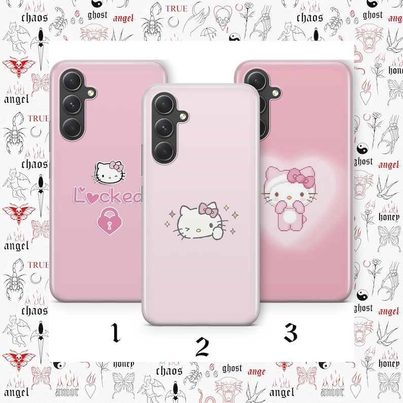 May include: Three pink phone cases with different Hello Kitty designs. The first case has a Hello Kitty with a lock and the text "Locked". The second case has a Hello Kitty with stars. The third case has a Hello Kitty wearing a pink outfit.