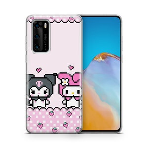 K&ouml;nnte beinhalten: Eine transparente Handyh&uuml;lle mit einem rosa-wei&szlig;en Karomuster. Die H&uuml;lle zeigt ein Pixelbild von Hello Kitty und My Melody, zwei beliebten japanischen Comicfiguren. Die H&uuml;lle ist f&uuml;r ein Smartphone mit einem einzigen Kameraobjektiv konzipiert.