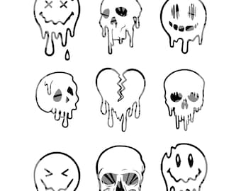 Melty Smiley Face and Skull Pack eps, Melted Faces svg sticker pack, Melting Broken Heart png, Drippy & Trippy Skulls and Smiley design pdf