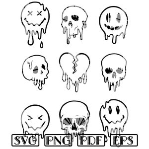 May include: Set of nine black and white dripping graphic designs. The designs include a skull, a broken heart, and various smiley faces.