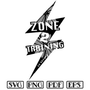 May include: Black and white graphic design of a lightning bolt with the text "ZONE 2 TRAINING" and "GO AROUND" in white. The lightning bolt is filled with a gray floral pattern.