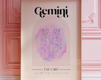 May include: A pink and purple watercolour illustration of the Gemini zodiac sign, featuring two figures with their arms linked. The text "Gemini" is written in black at the top of the image, and "THE FAIRY" is written in black at the bottom of the image. The words "play | athletic | duality | communication | mischief" are written in black below "THE FAIRY".