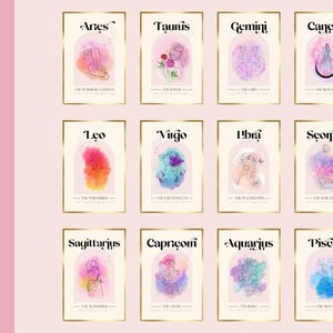 May include: A set of 12 zodiac sign illustrations with watercolor backgrounds. Each sign is depicted with a unique symbol and a short description. The signs are: Aries, Taurus, Gemini, Cancer, Leo, Virgo, Libra, Scorpio, Sagittarius, Capricorn, Aquarius, and Pisces.