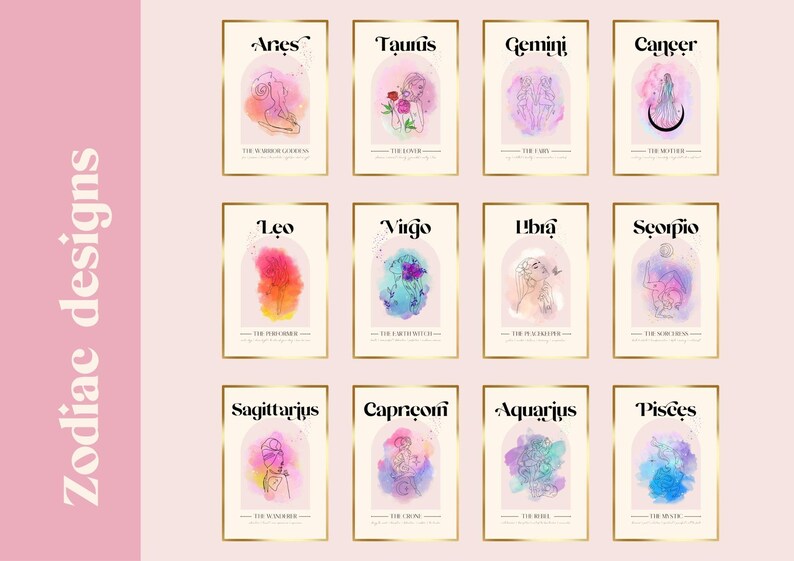 May include: A set of 12 zodiac sign illustrations with watercolor backgrounds. Each sign is depicted with a unique symbol and a short description. The signs are: Aries, Taurus, Gemini, Cancer, Leo, Virgo, Libra, Scorpio, Sagittarius, Capricorn, Aquarius, and Pisces.