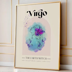 May include: A watercolor illustration of the Virgo zodiac sign. The illustration features a woman with a flower in her hair, surrounded by stars and a watercolor background. The text "Virgo" is written in bold black letters at the top of the image. The text "The Earth Witch" is written in black letters below the illustration. The text "heal / resourceful / dedication / perfection / nature lover" is written in smaller black letters below "The Earth Witch."