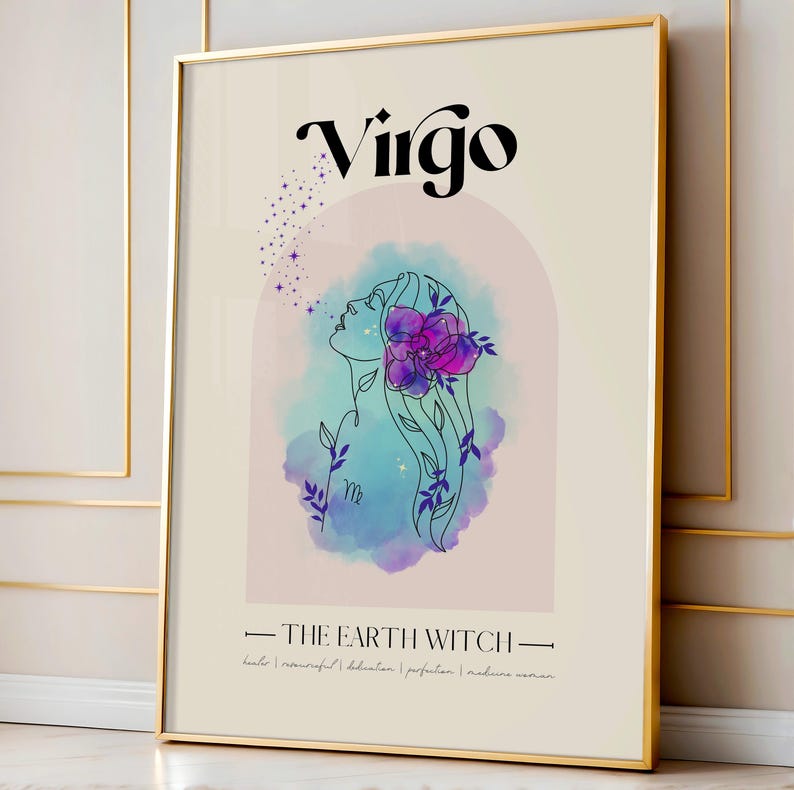 May include: A watercolor illustration of the Virgo zodiac sign. The illustration features a woman with a flower in her hair, surrounded by stars and a watercolor background. The text "Virgo" is written in bold black letters at the top of the image. The text "The Earth Witch" is written in black letters below the illustration. The text "heal / resourceful / dedication / perfection / nature lover" is written in smaller black letters below "The Earth Witch."