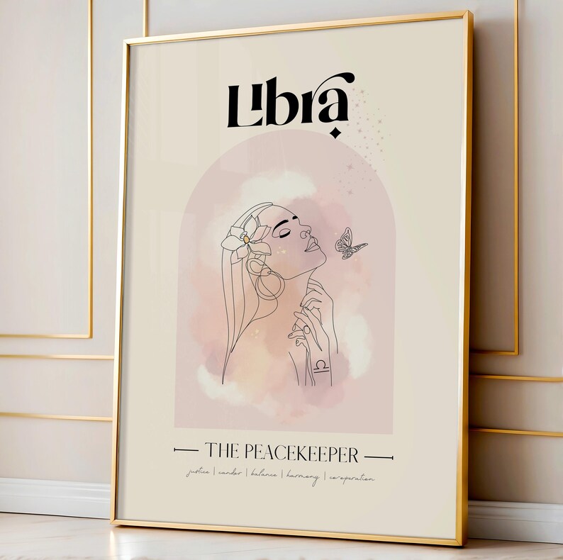 May include: A pink and white watercolour illustration of a woman with a flower crown and a butterfly. The text "Libra" is at the top of the image, and the text "THE PEACEKEEPER" is at the bottom. The text "justice | order | balance | harmony | inspiration" is below the text "THE PEACEKEEPER".