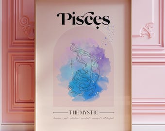 PISCES A4 zodiac star sign print, Personalised Pisces birthday gift, Zodiac gift, Astrology print, Goddess, Spiritual, Celestial wall art