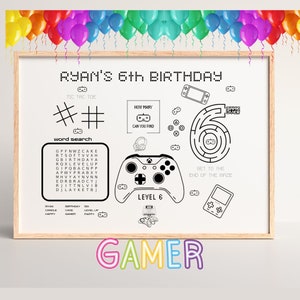 Gamer Themed Birthday Placemat, Party Activity Sheet, Gamer Birthday Party Favor, Kids Activity Sheet, Coloring Pages